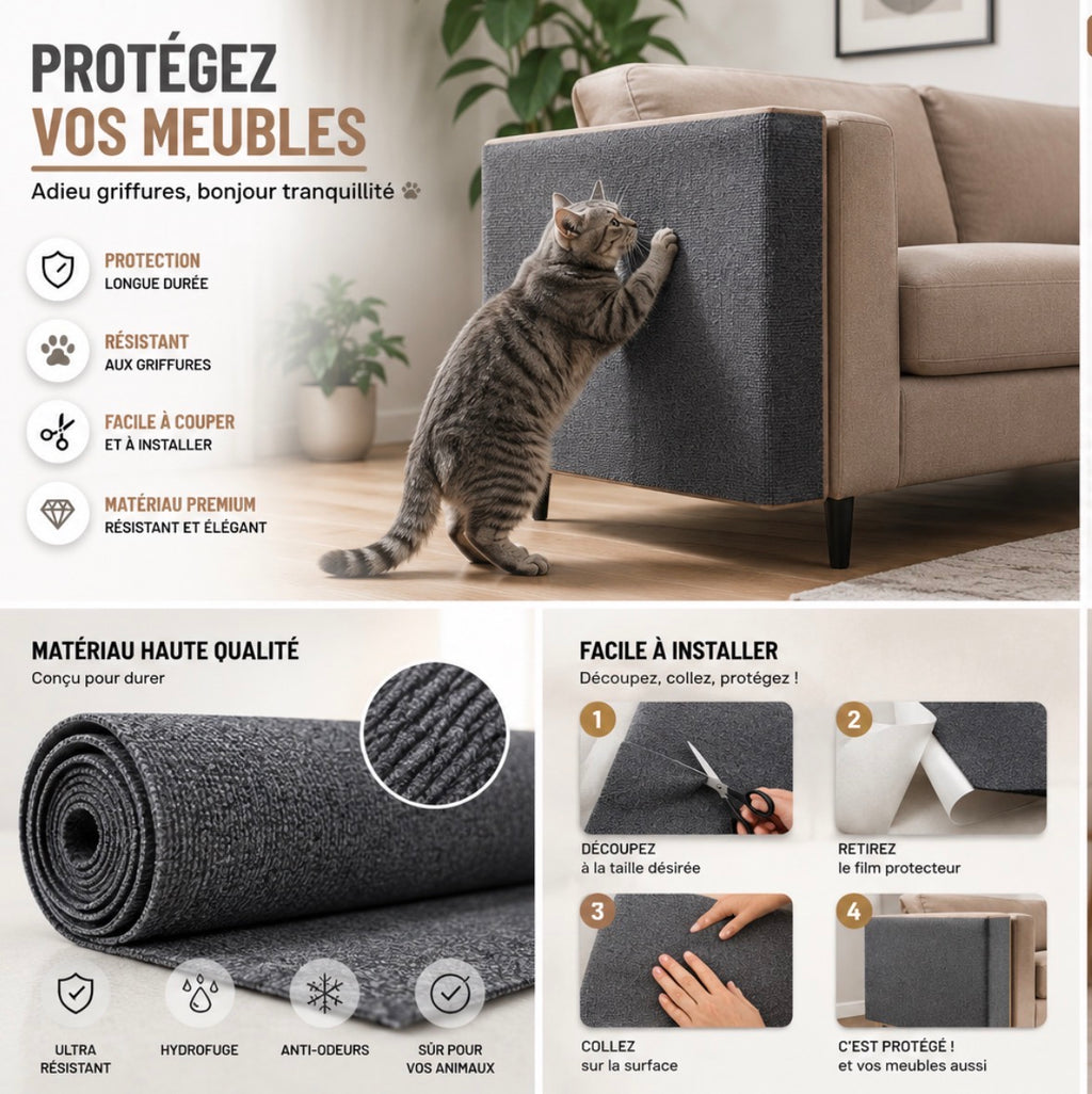 Tapis anti-griffures GriffProtect pour chat, protection de canapé
